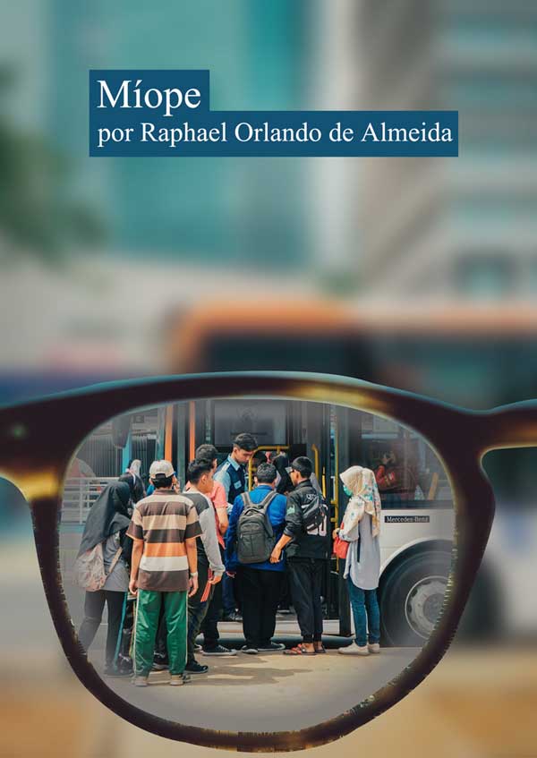 Colagem de um fundo embaçado e na lente do óculos é possível ver pessoas entrando em um ônibus