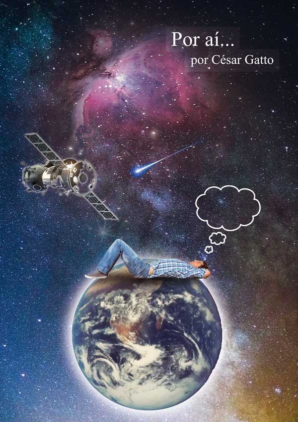Colagem de um rapaz deitado no planeta Terra e pensando em meio ao universo